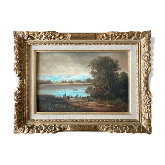 Painting - Animated riverside scene - golden frame