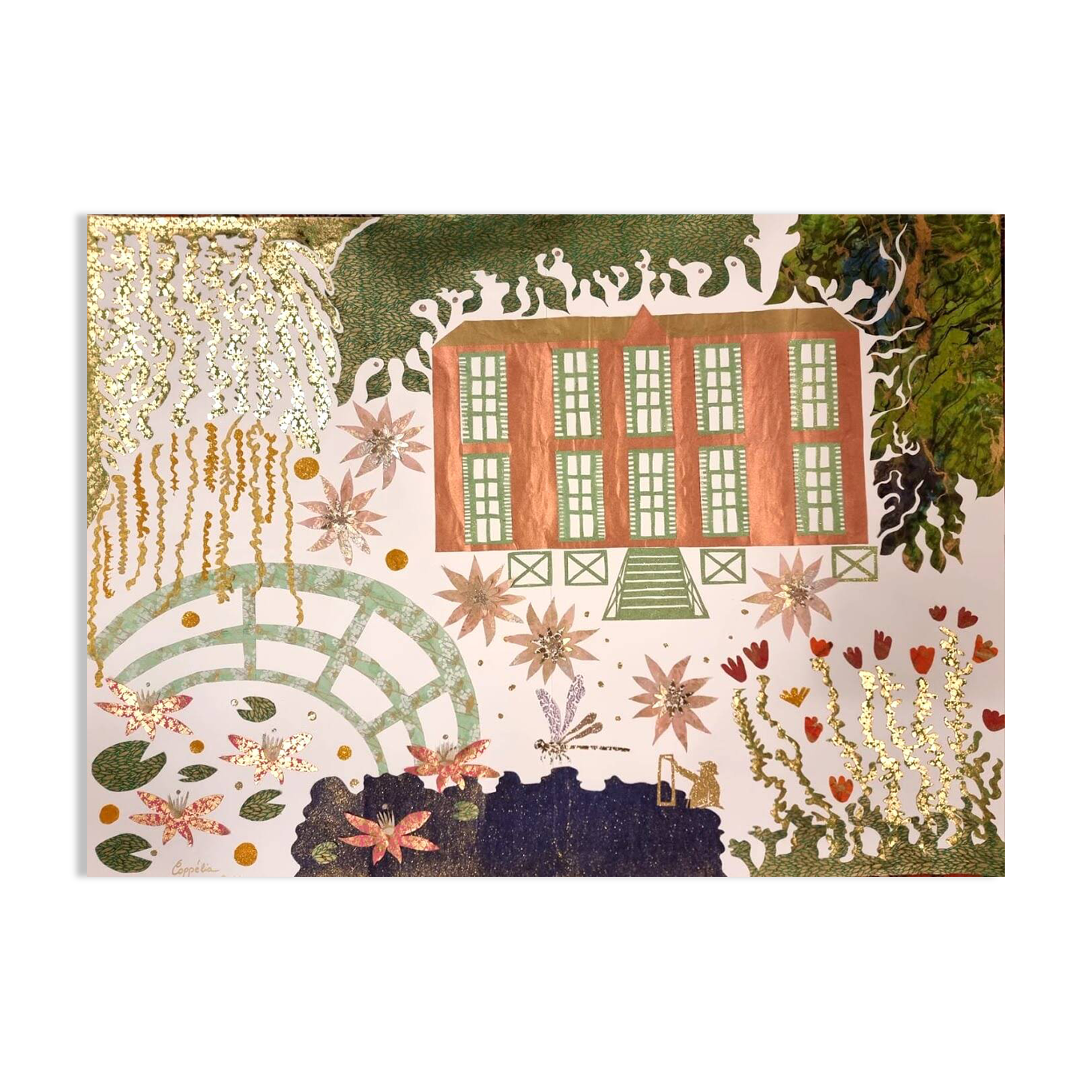 Large contemporary collage inspired by Giverny (Claude Monet) – 158 × 116 cm