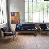 Danish Mathsson sofa + 2 armchairs in curved wood and leather