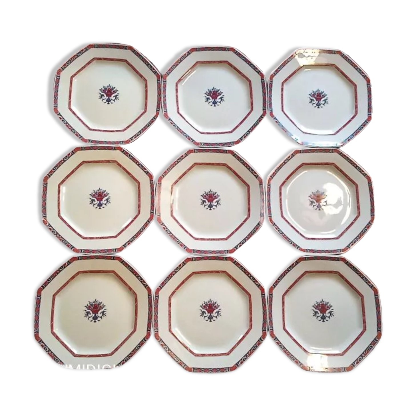 Jeu de 6 assiettes octogonales en faïence française ancienne par Montereau