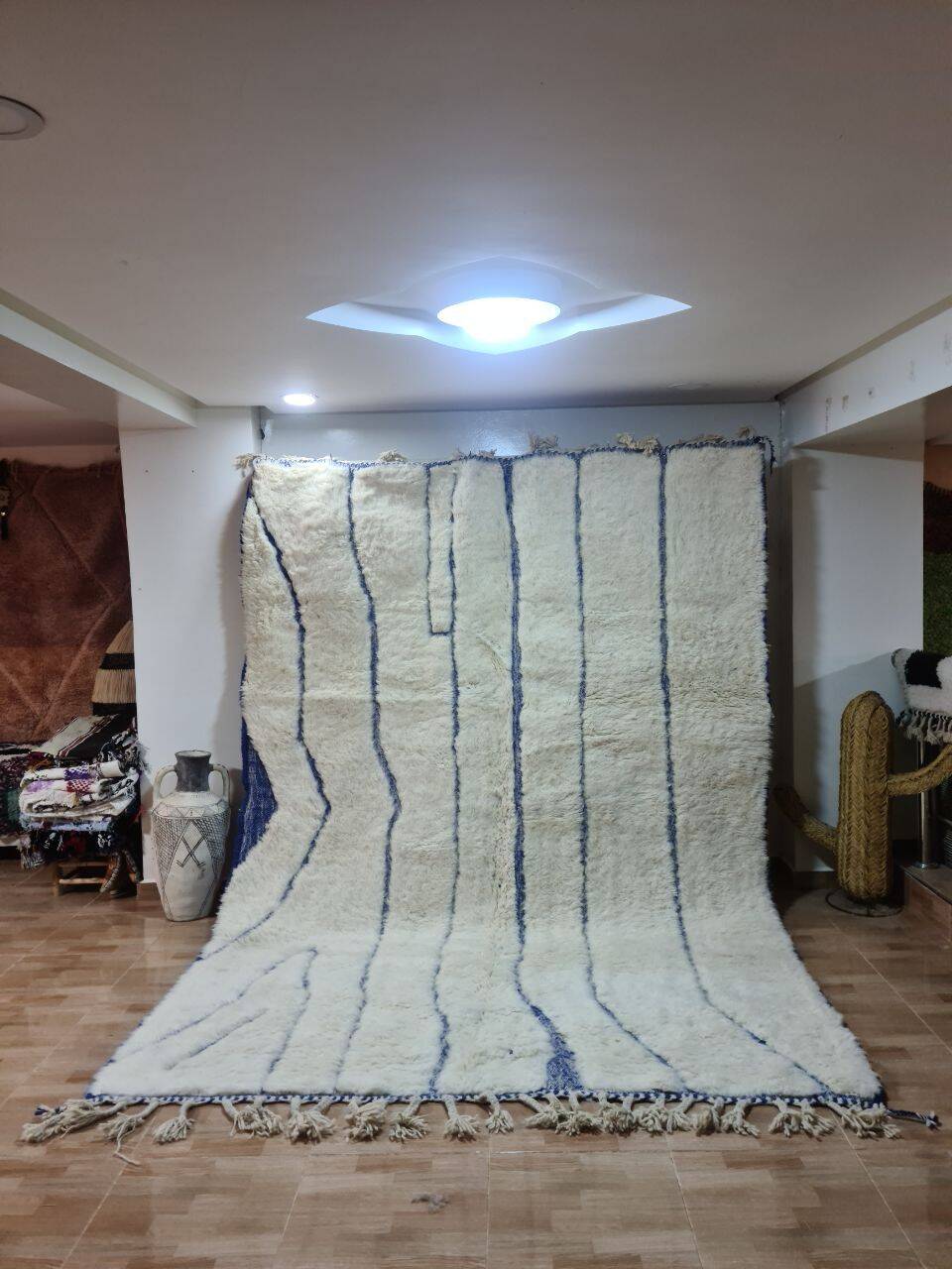 Tapis Béni Ourain Authentique 300x200 cm 100% Laine, Fait Main, Motifs Bleu