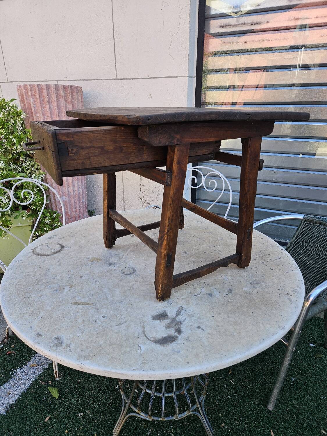 Antique folk art oak table or bedside table