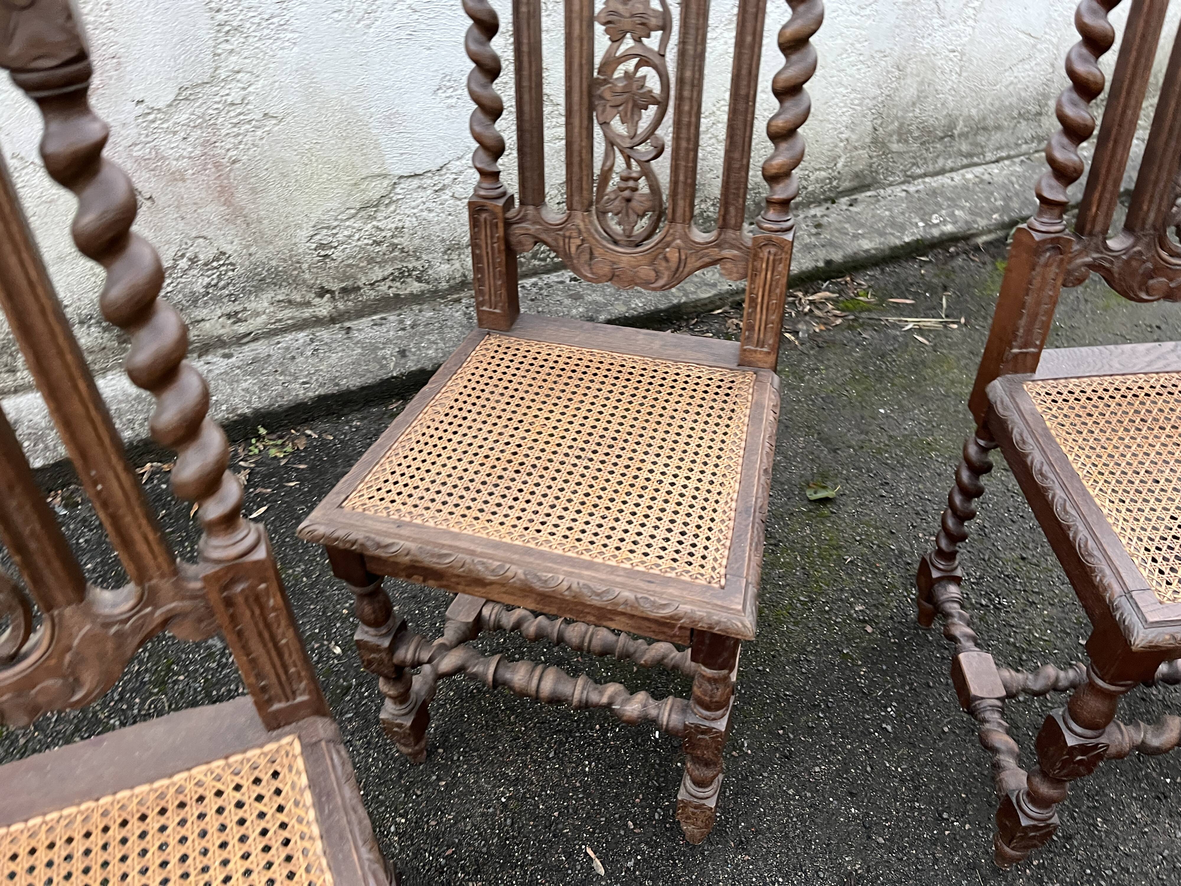 4 Henri II style chairs with twisted columns and cane seats