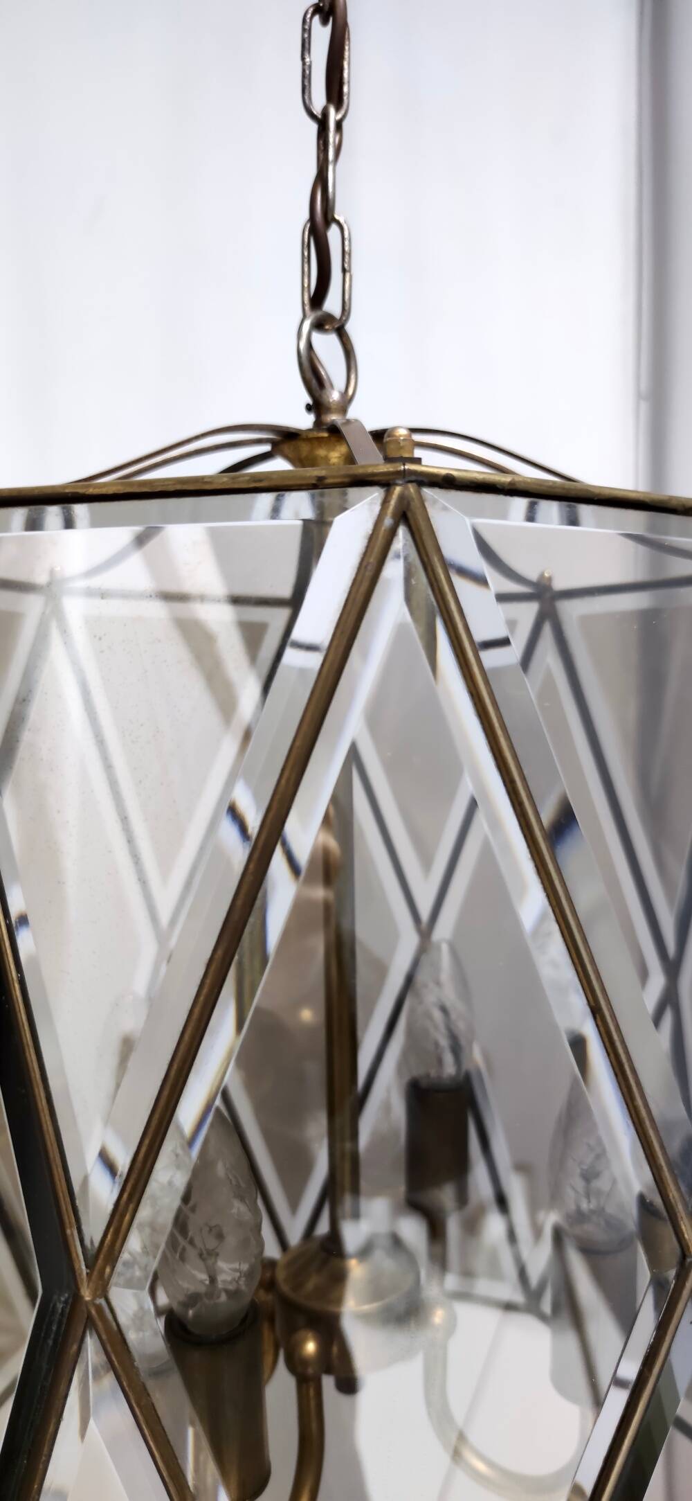 Handmande Octagonal Glass and Brass Pendant Lantern, Italy