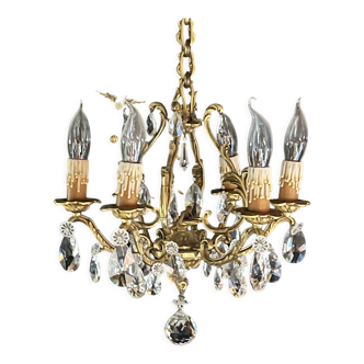 Lustre pampille ancien en bronze et en cristal