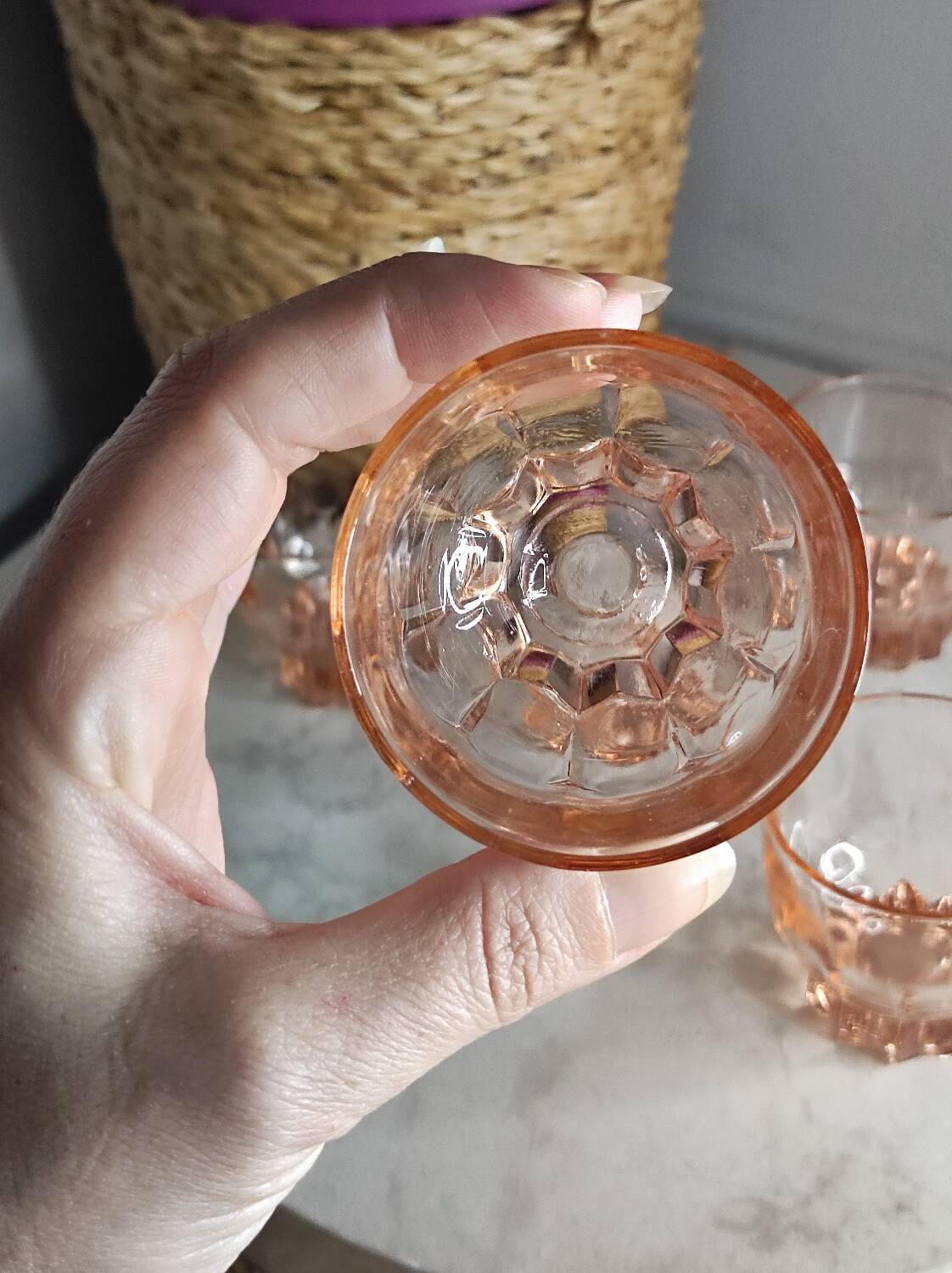 Pink glass liqueur cups from the 1940s