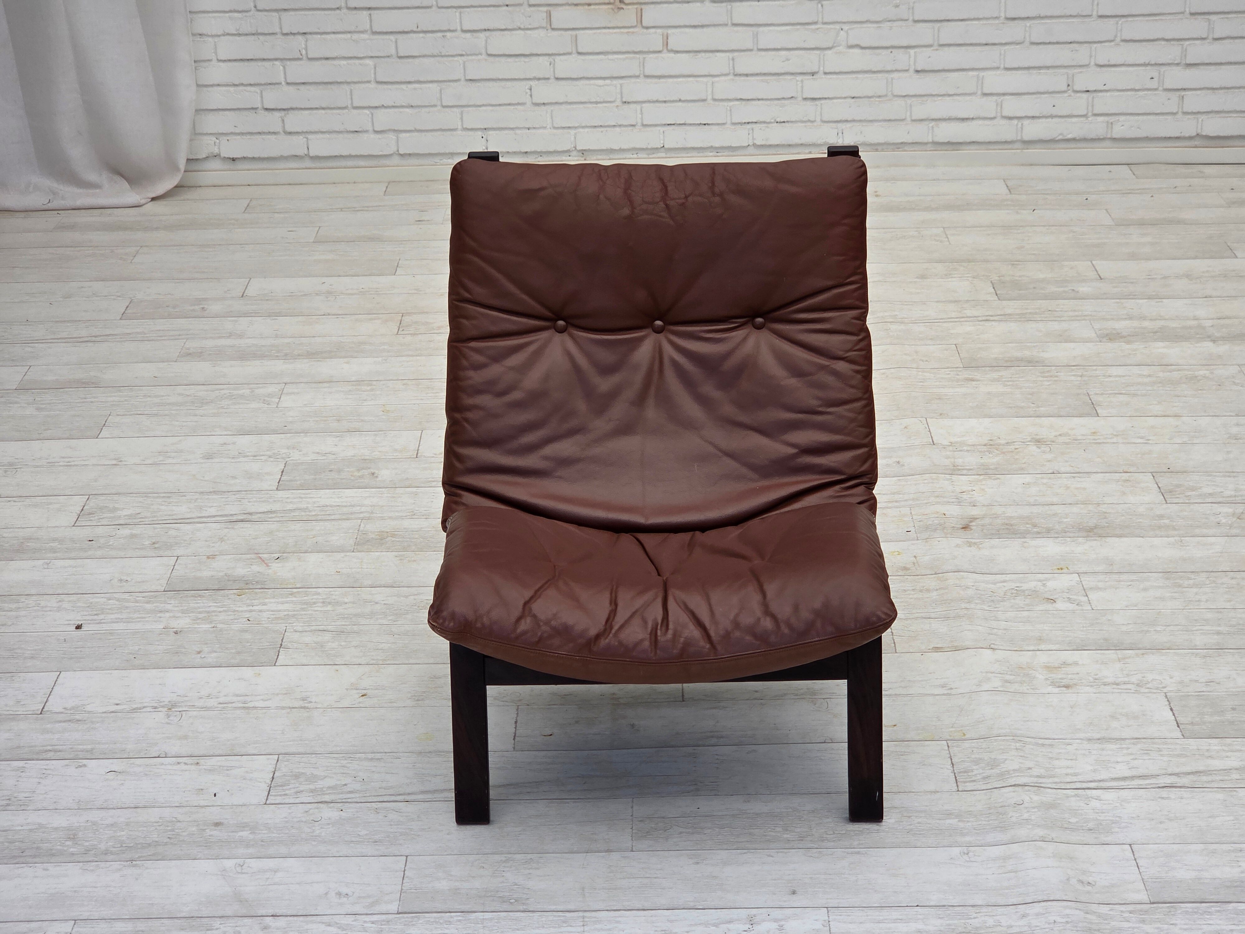 1970s, Danish loungechair by Farstrup, leather, canvas, bent wood.