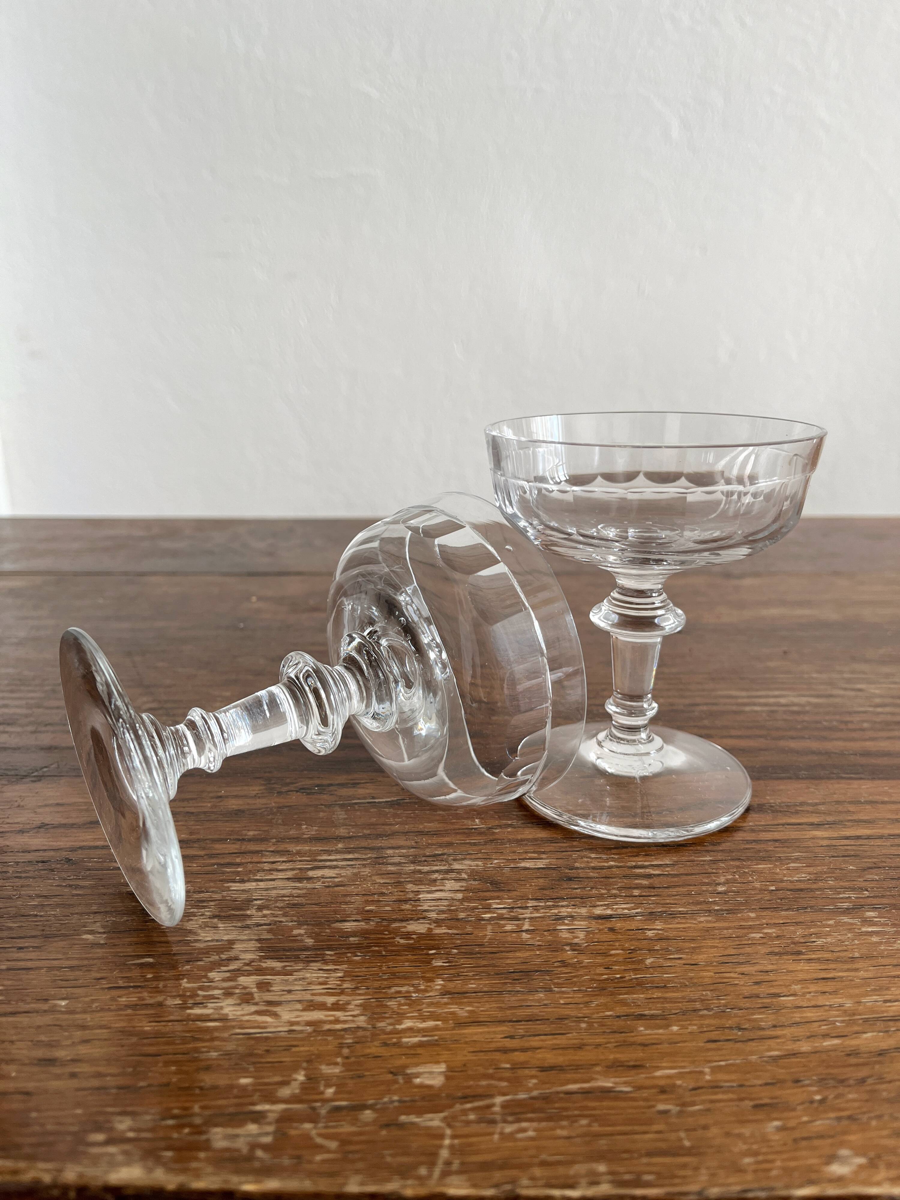 2 antique 19th-century blown glass champagne coupes with flat sides