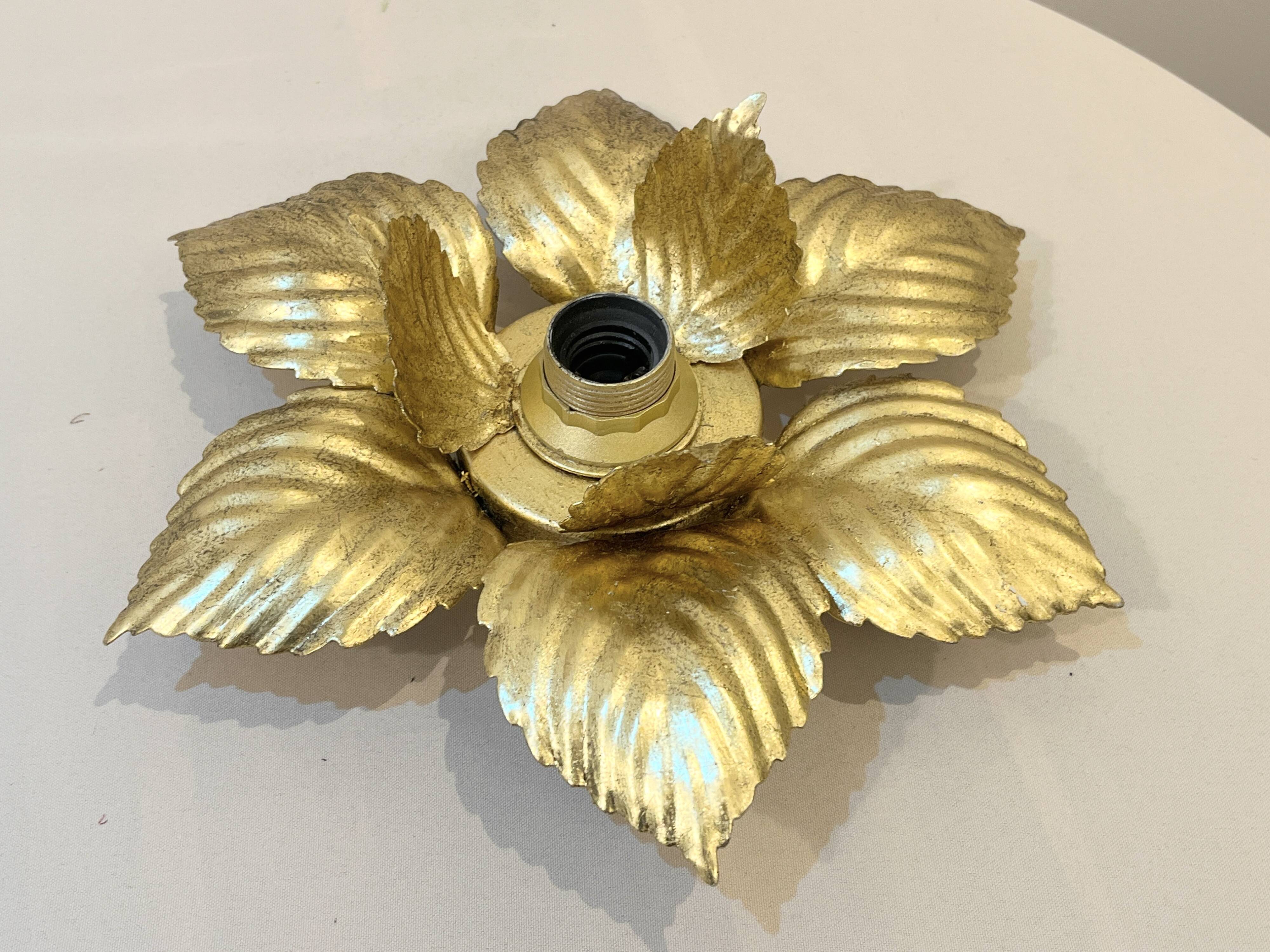 Masca 1970s 1980s Hollywood Regency Gold Leaf Metal Flower Wall Sconce