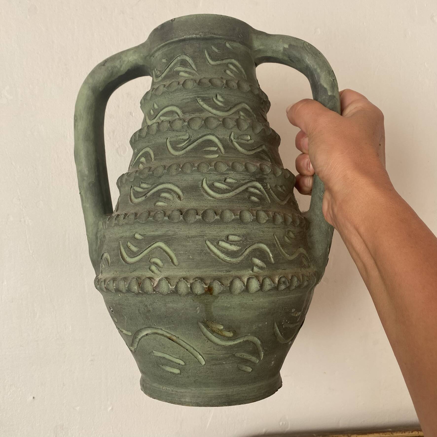 Spanish vase from the 60s-70s, olive green-grey ceramic, 31 cm.