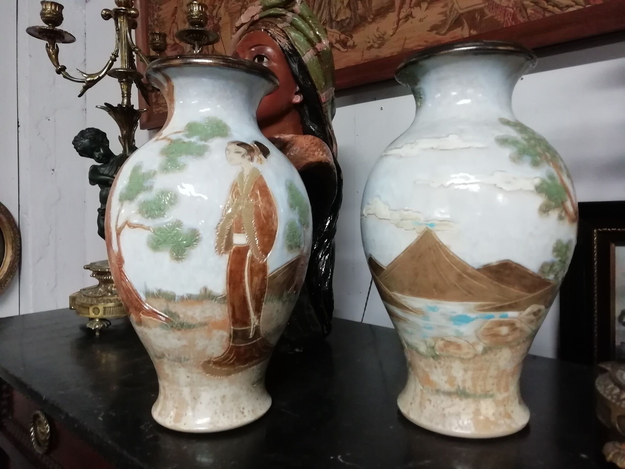 Pair of vases signed Losson in Sandstone decoration Japonisant