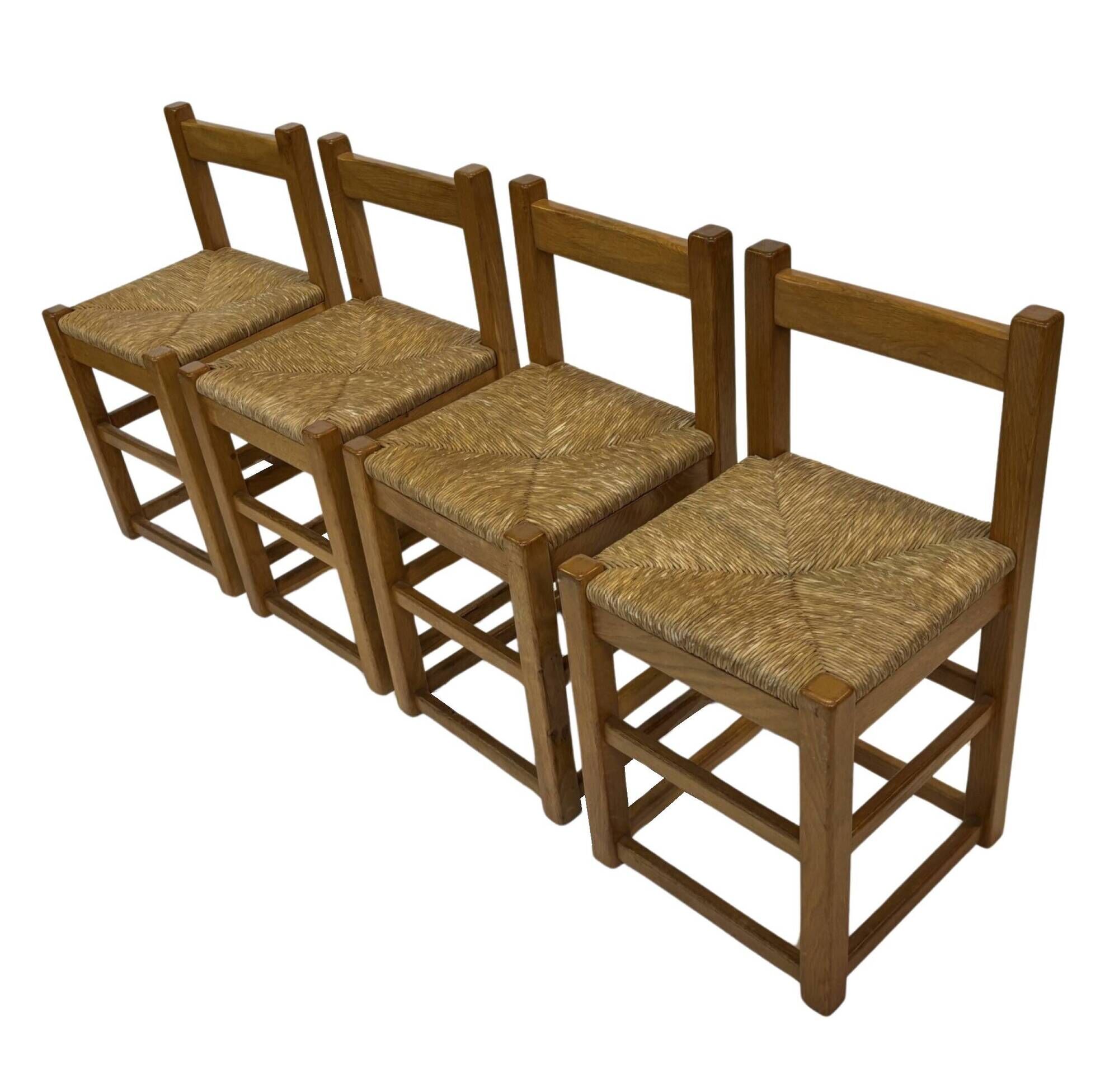 Set of four vintage chairs / stool - brutalist style minimalist oak and wicker 60s
