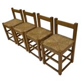 Set of four vintage chairs / stool - brutalist style minimalist oak and wicker 60s