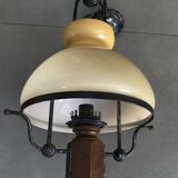 Suspension vintage wood and iron chandelier with yellow opaline lampshade