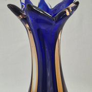 Vintage cobalt blue and amber blown glass vase in Murano style.