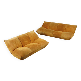 Pair Of Vintage Papillon Sofas In Mustard Suede By Guido Rosati For Giovannetti, Italy 1970s