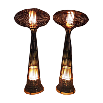 Paire de lampadaires en rotin C1970