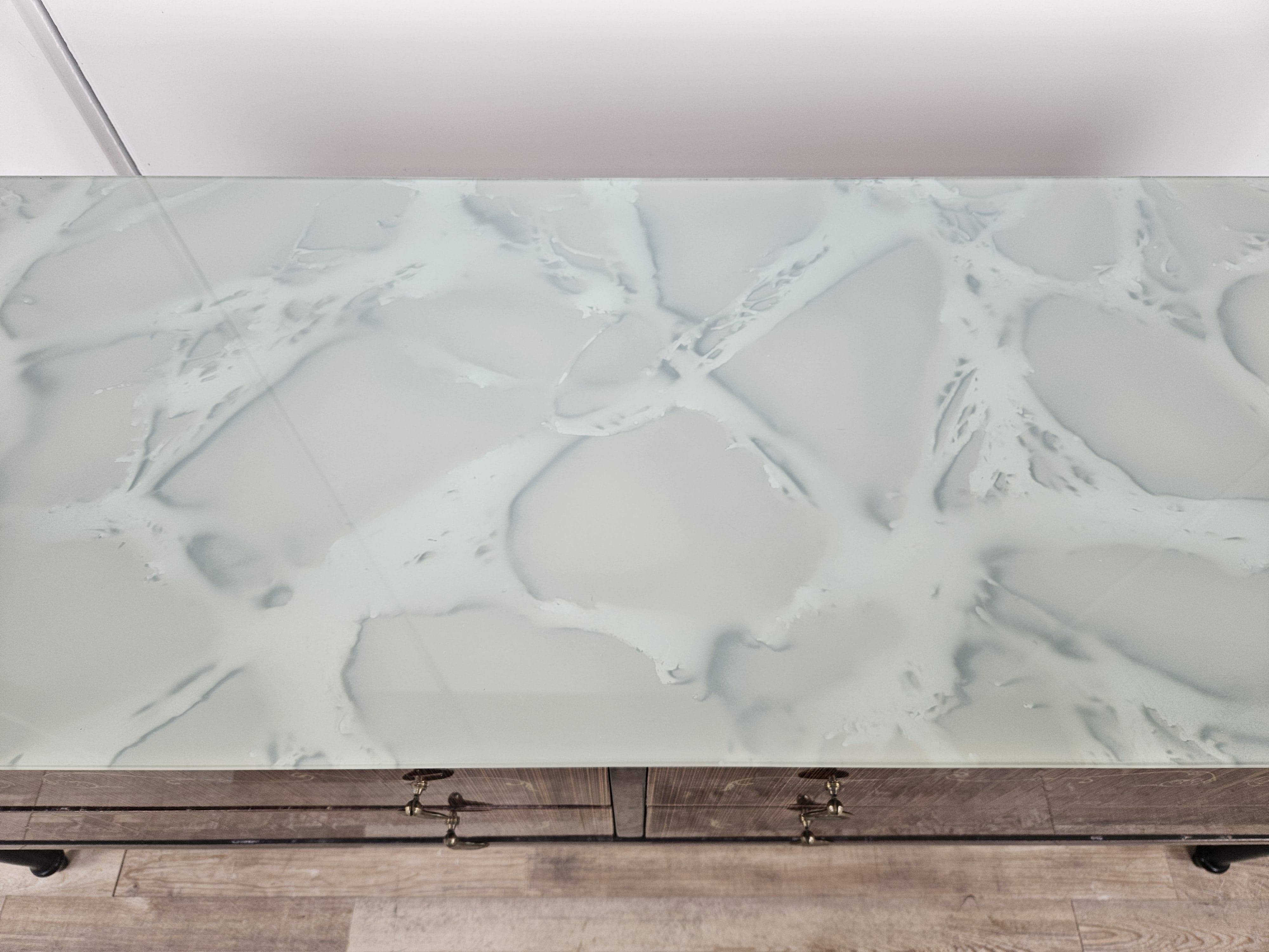 Mid Century Italian Dresser with Blue Glass Work and Four Drawers, 1960