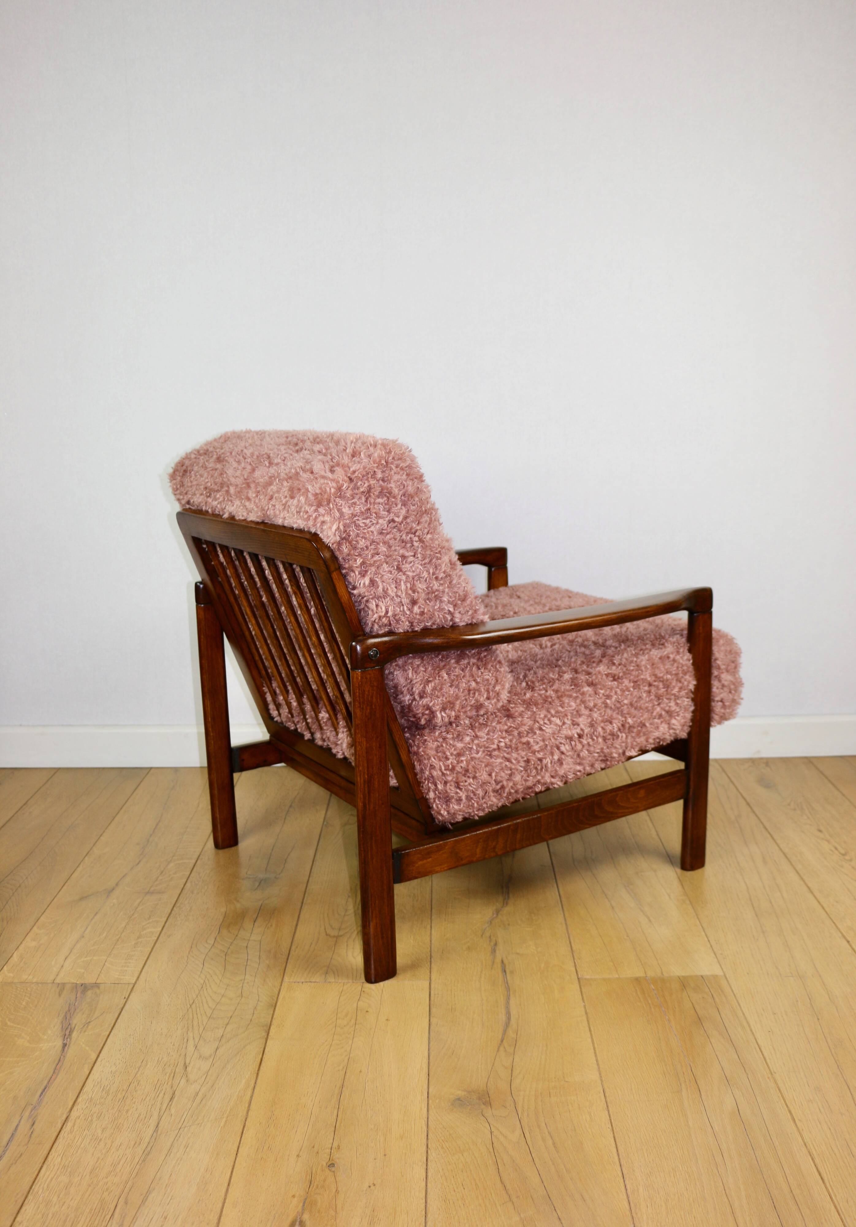 Wooden vintage brown armchair pink long hair proj. Z. Bączyk - 2 pieces available
