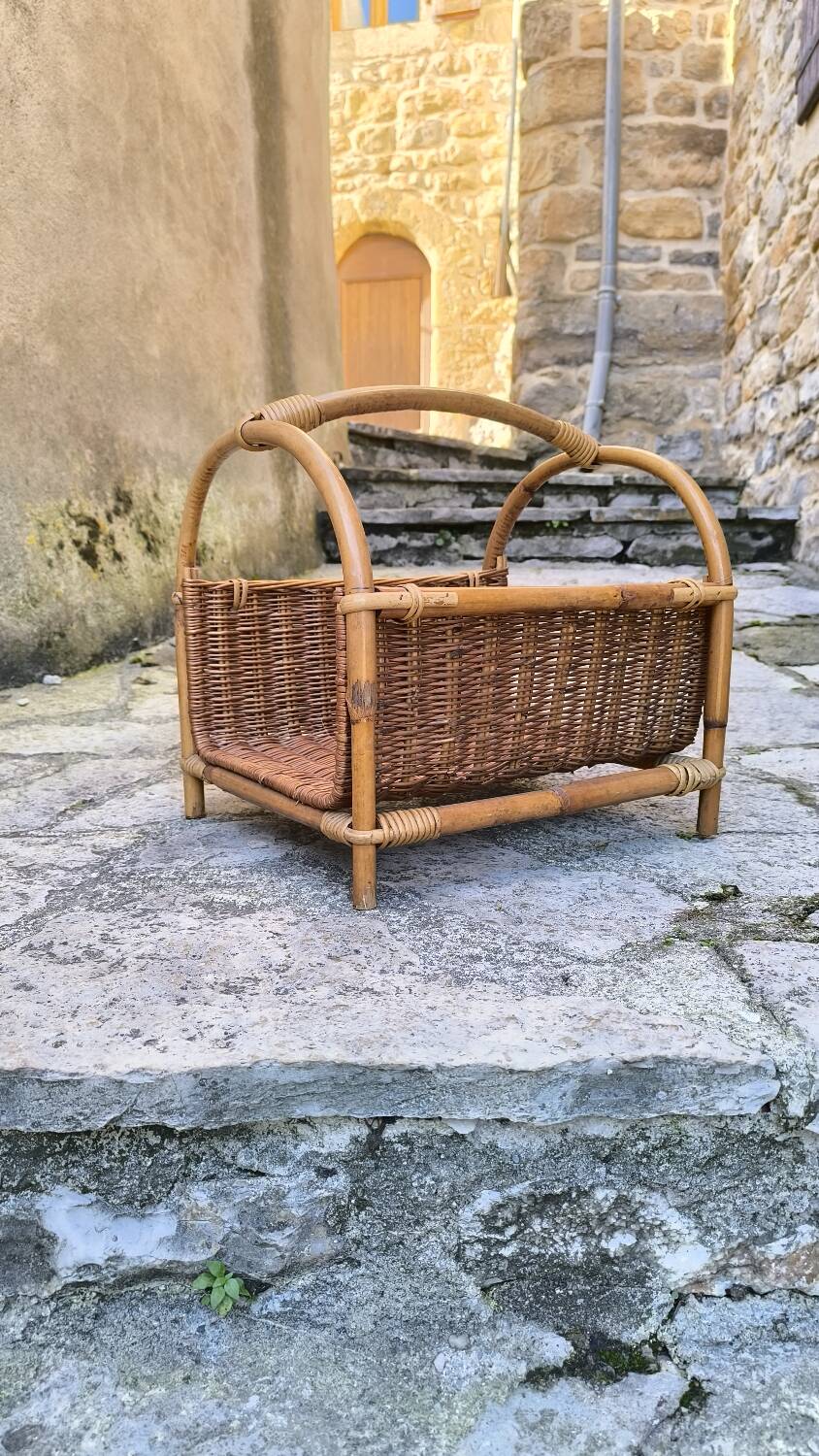 Panier à bûches en rotin et osier 1950