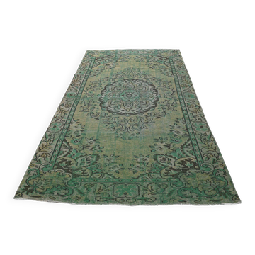 Tapis turc vintage vert et olive à médaillon, noué main, 160 x 262 cm