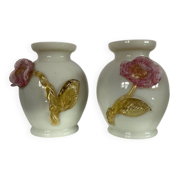 Pair of small vintage vases in opaline and glass paste