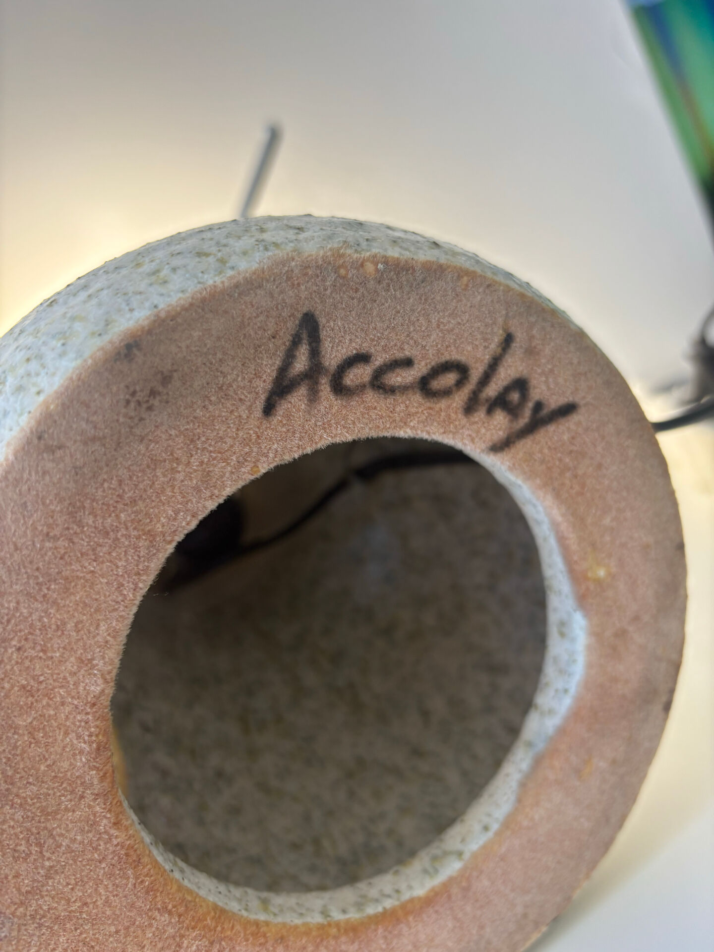 Accolay Lamp, the base in glazed ceramic with openwork decoration.
