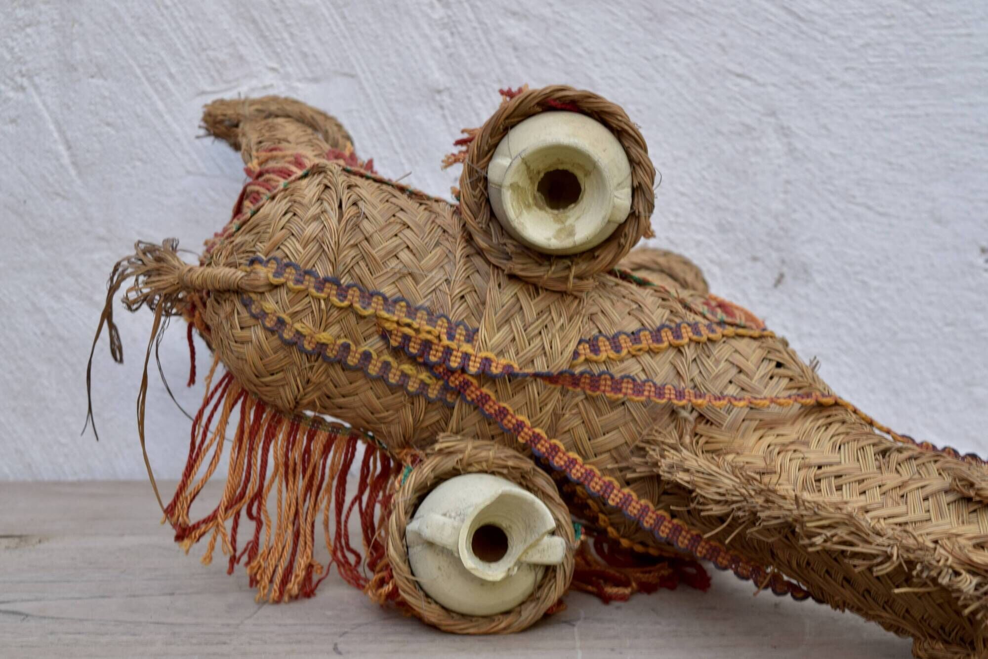 Spanish decorative donkey in raffia carrying two jars - 62 cm high - 1950