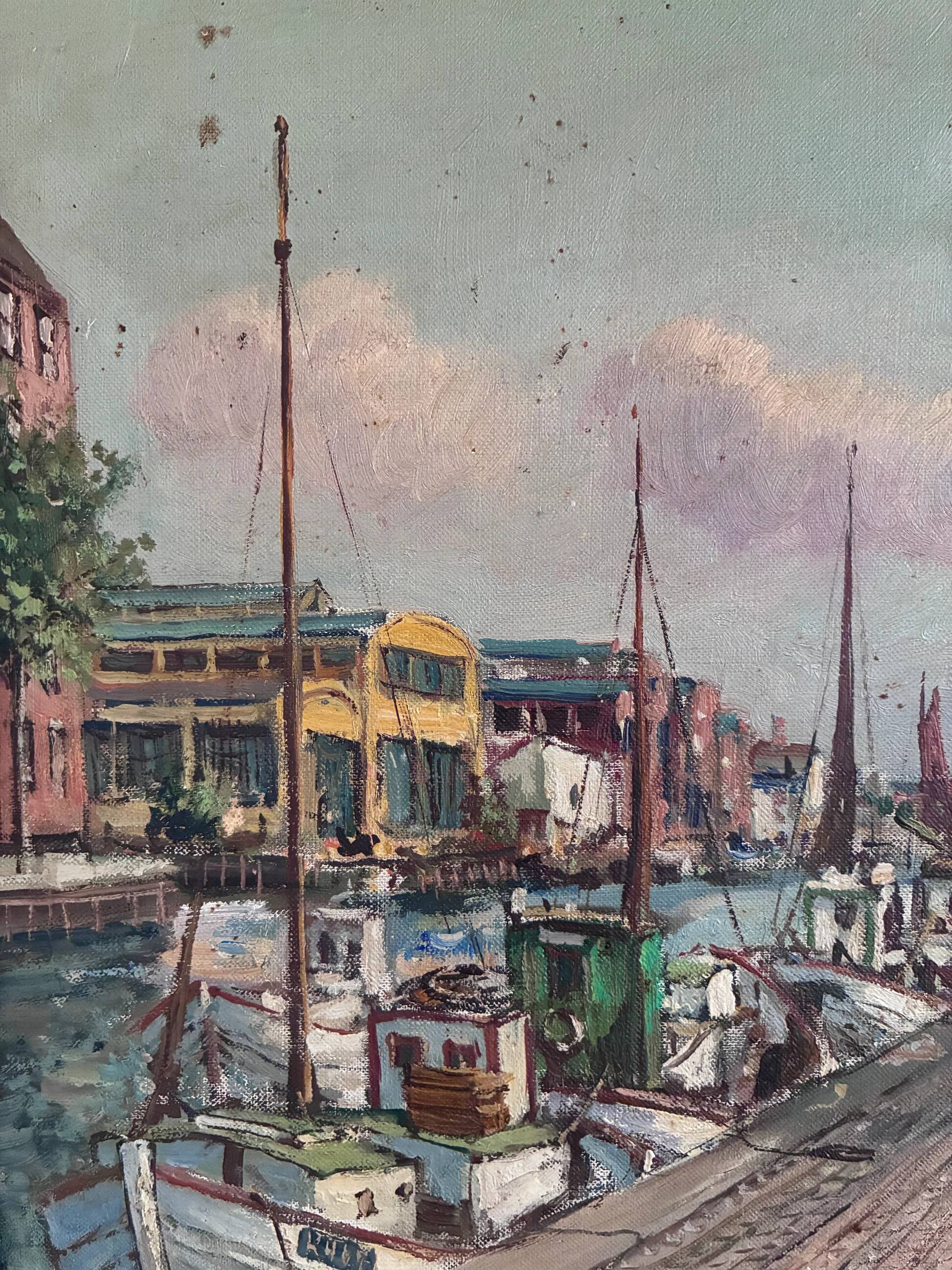 Vintage original Scandinavian harbor oil painting