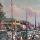 Vintage original Scandinavian harbor oil painting