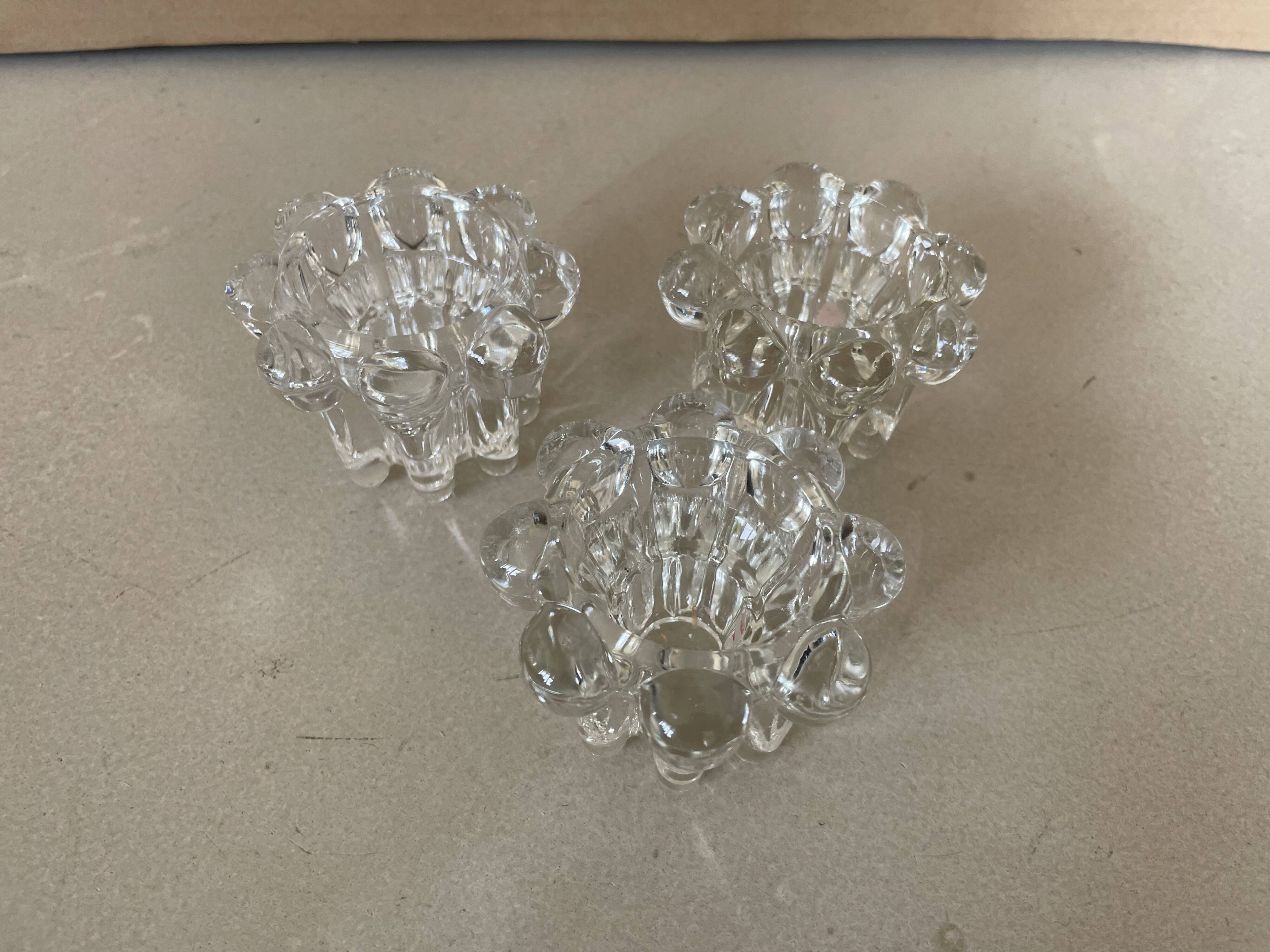 Set of 3 old glass candlesticks