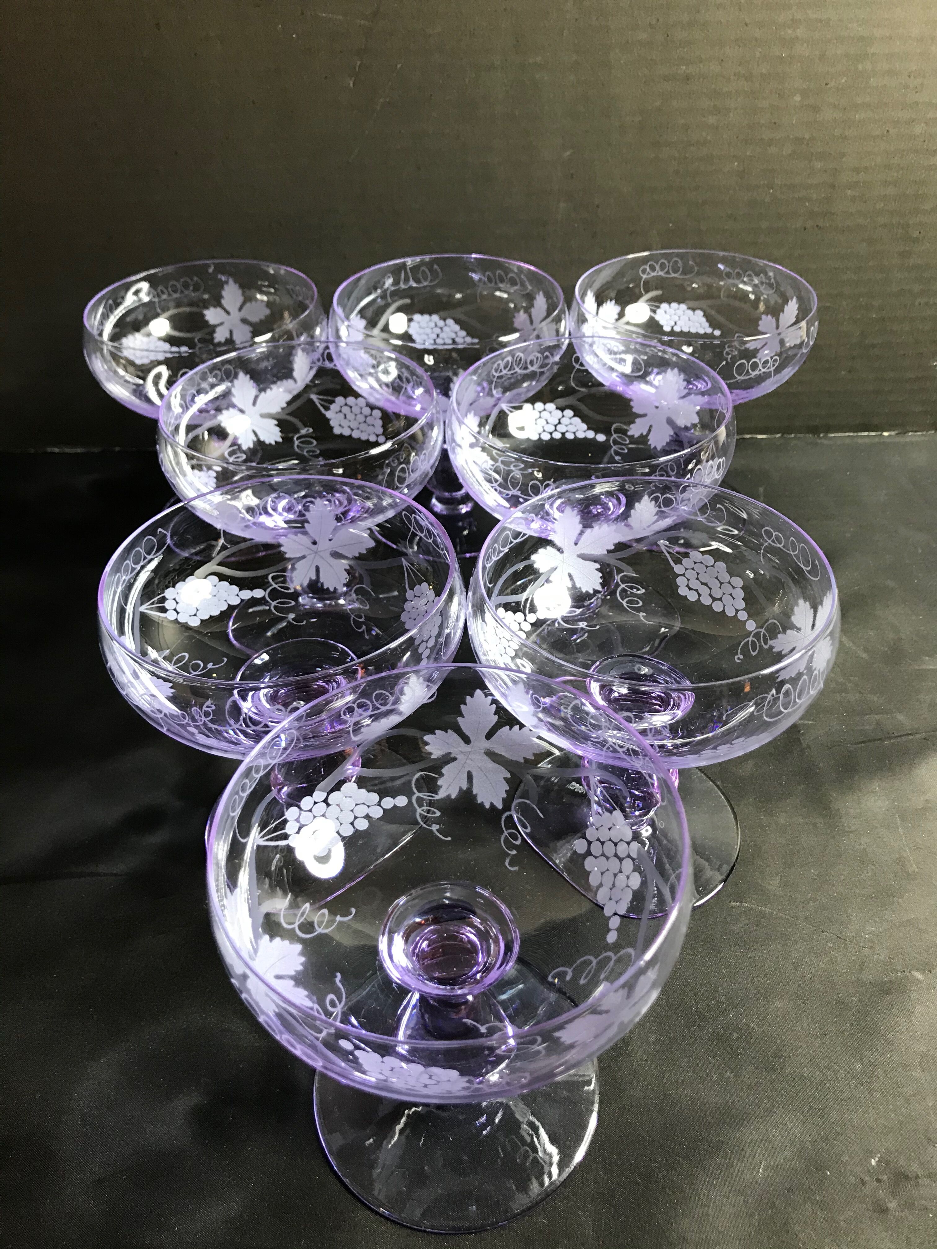 8 colorful crystal champagne cups engraved mid 20th