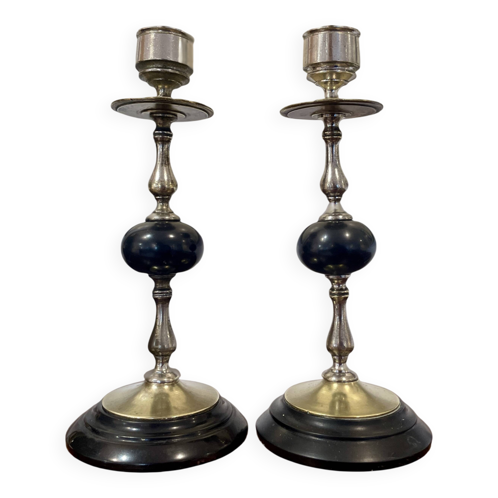 Pair of Napoleon III candlesticks in brass and black marble.