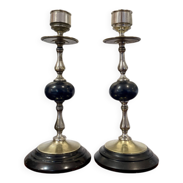 Pair of Napoleon III candlesticks in brass and black marble.