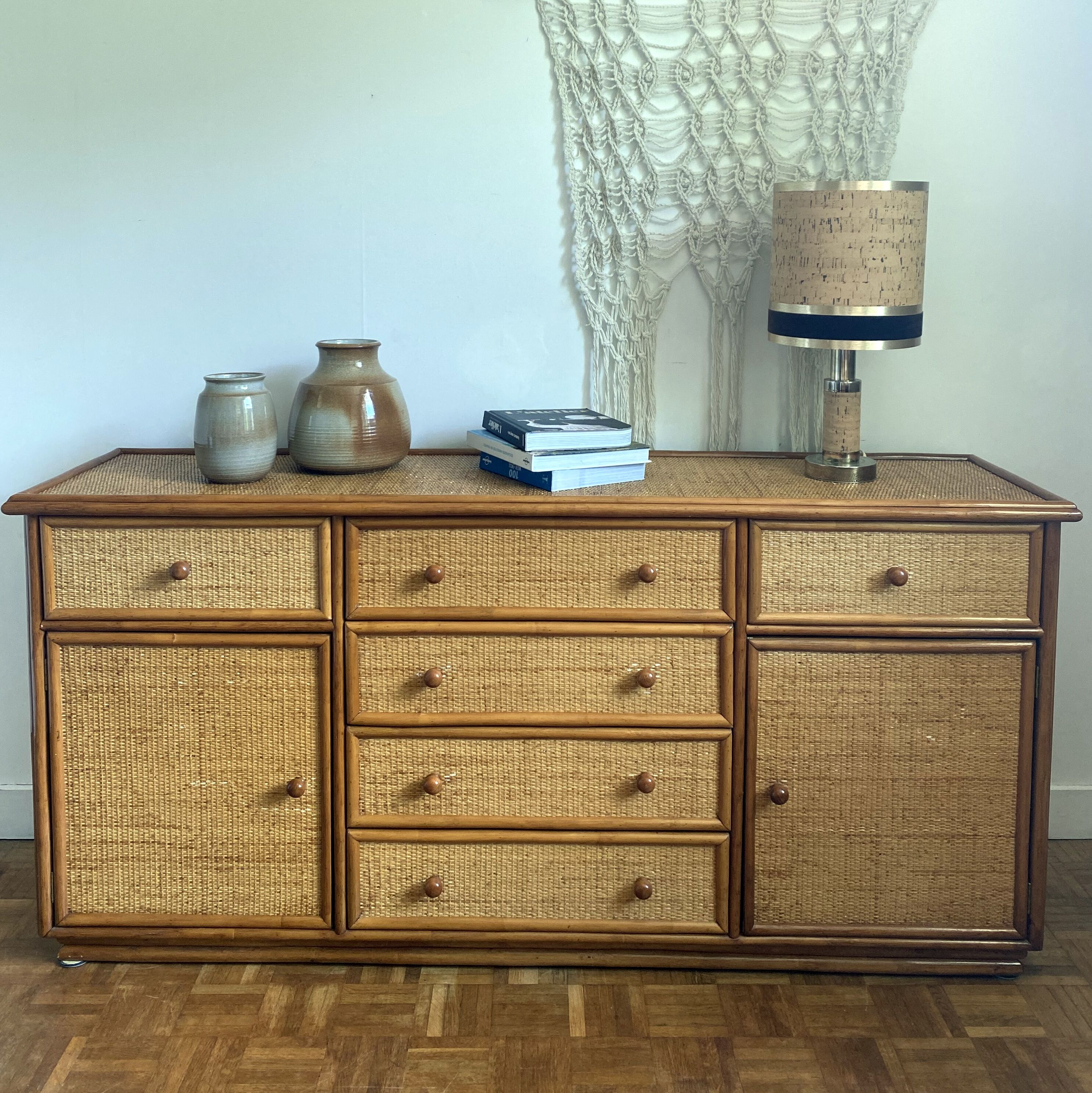 Wood and woven wicker sideboard