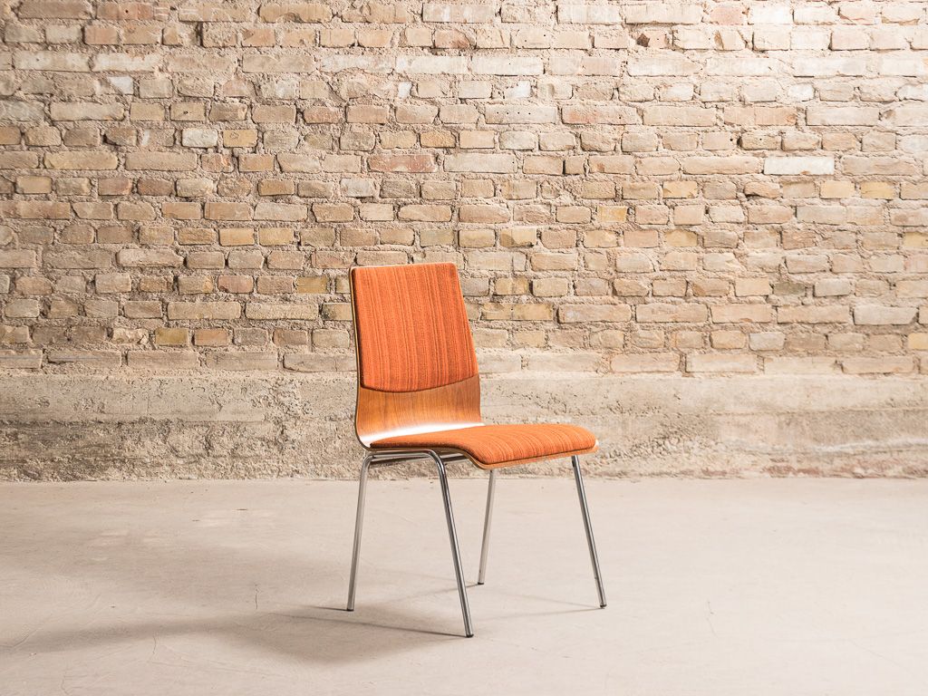 Set of 4 vintage chairs with a chrome steel base, teak backrest and seat
