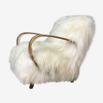White fluffy sheepskin bentwood armchair halabala
