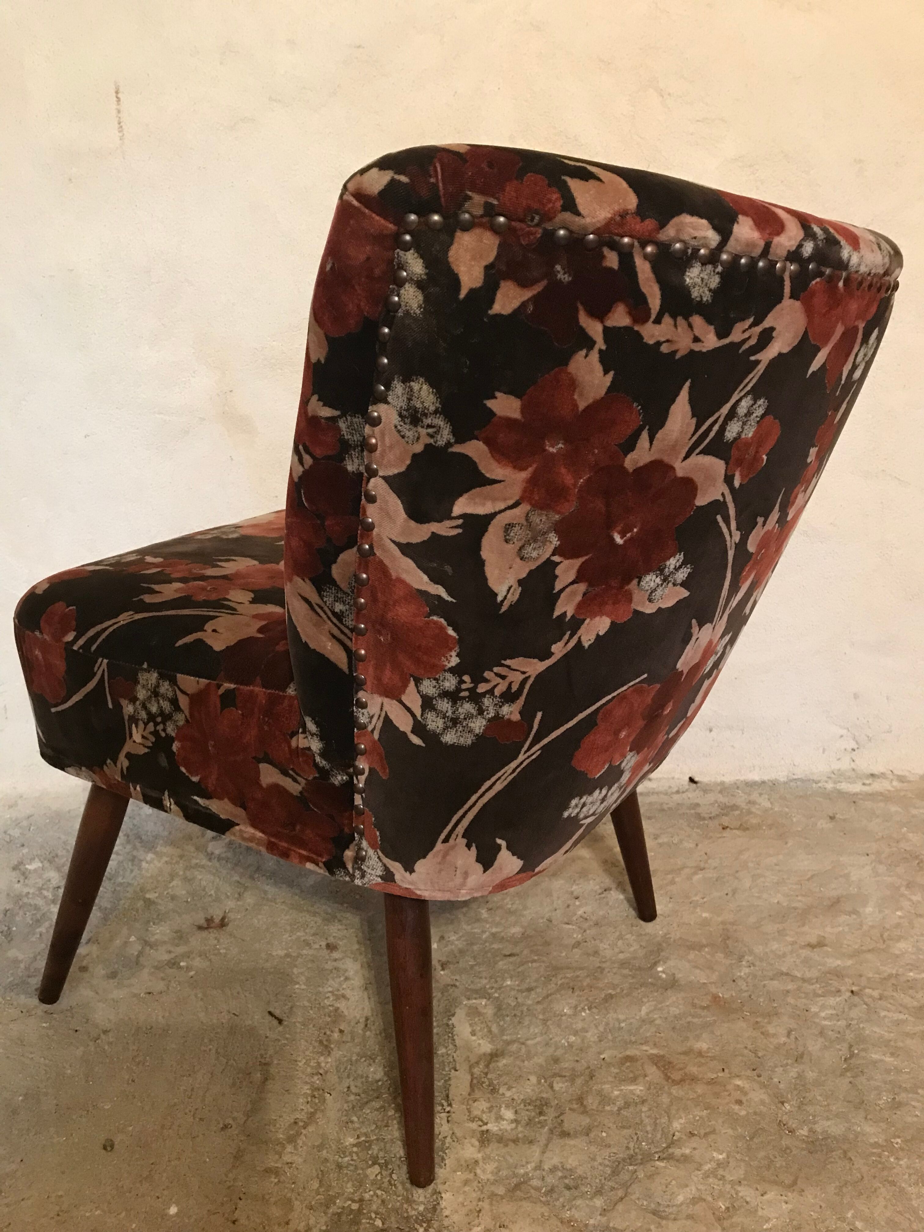 Vintage cocktail armchair 1960 feet compass and fabric flowers