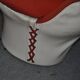 Set of 2 vintage 1970s tub chairs in brown, red, and white fabric with a enveloping silhouette.