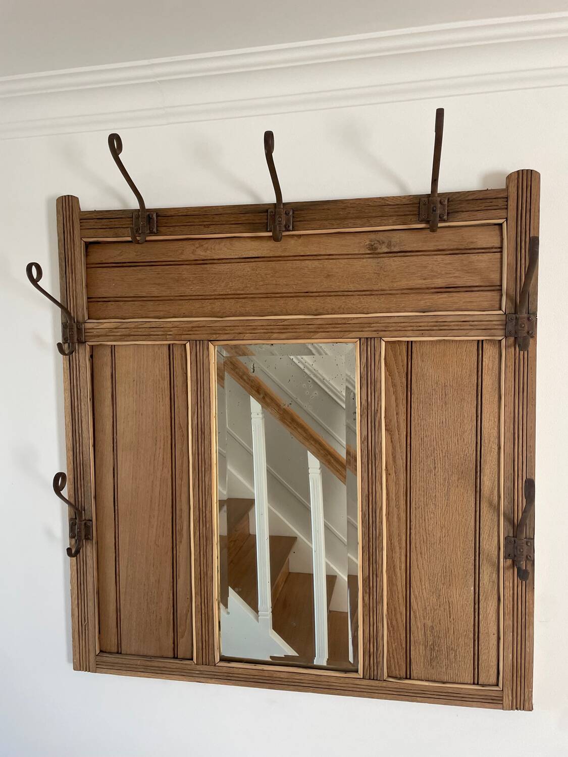 Vintage carved wood wall coat rack mirror - 6 iron hooks