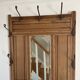 Vintage carved wood wall coat rack mirror - 6 iron hooks