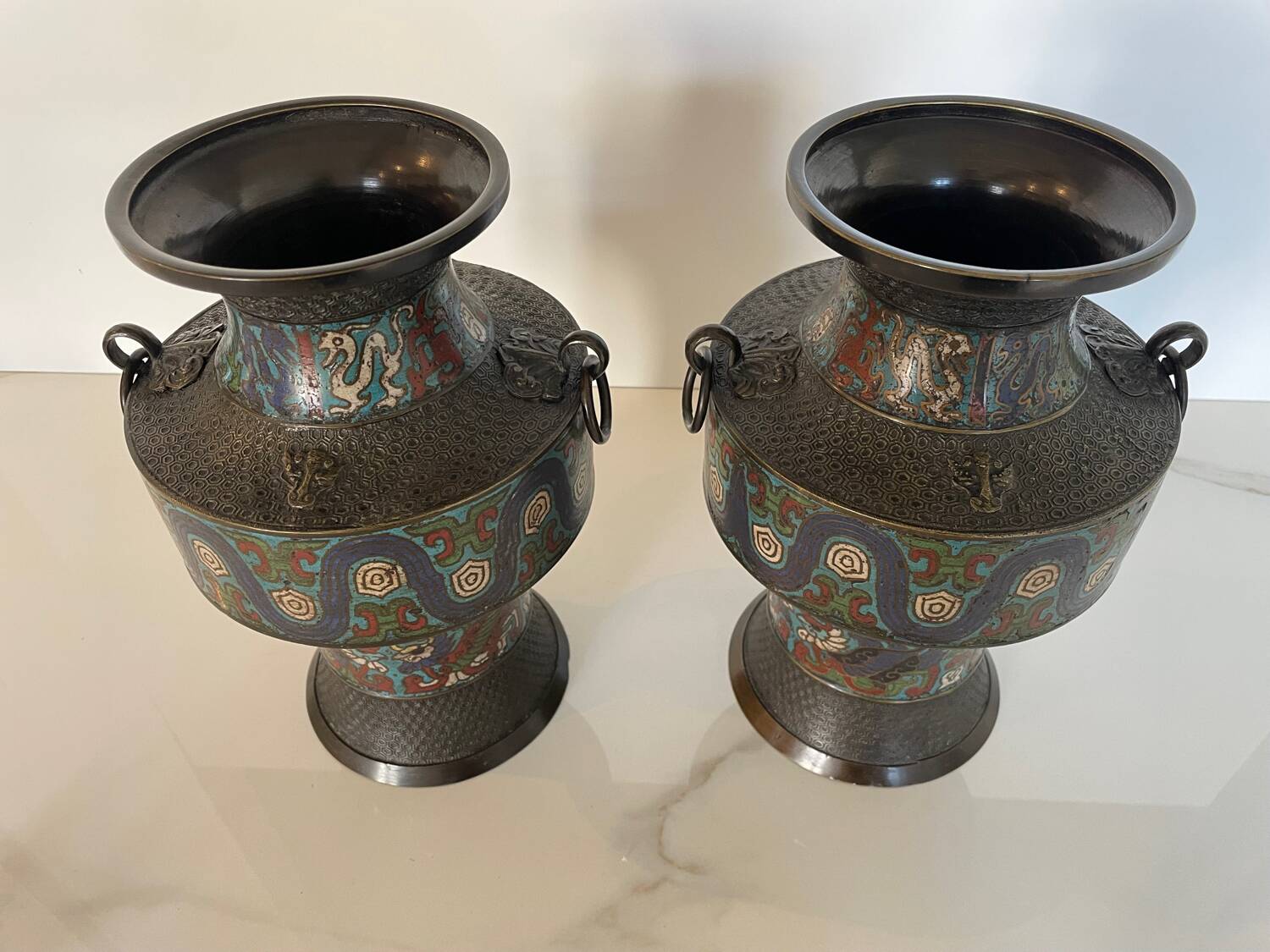 Pair of antique cloisonné bronze vases, China or Japan circa 1900-1930.