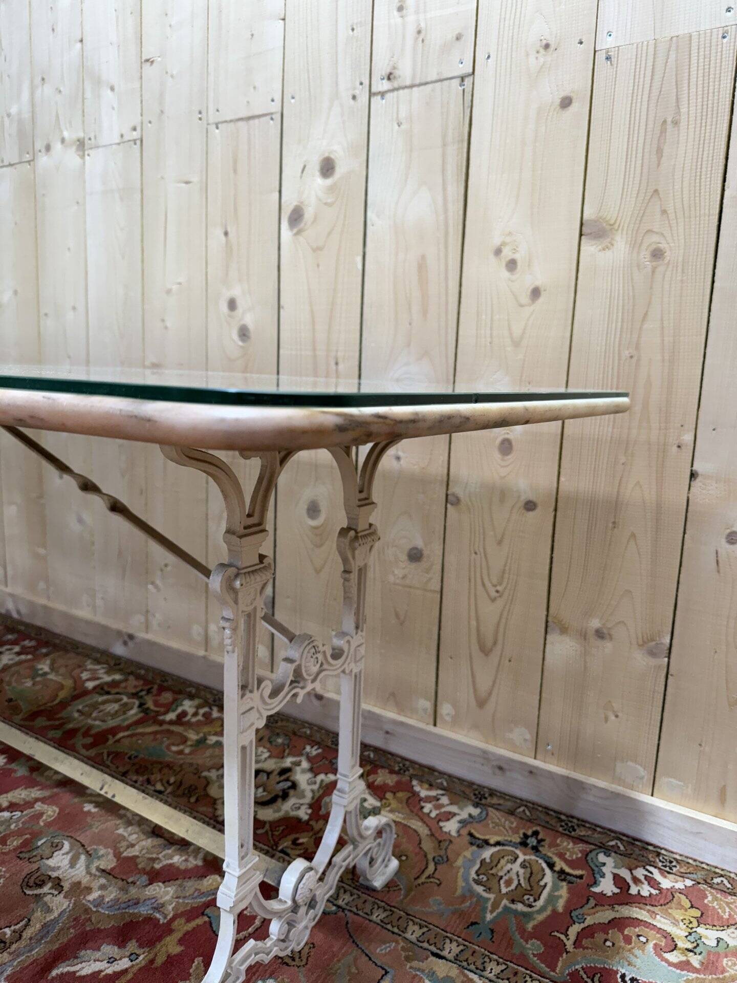 Large Art Nouveau brasserie table in iron and marble