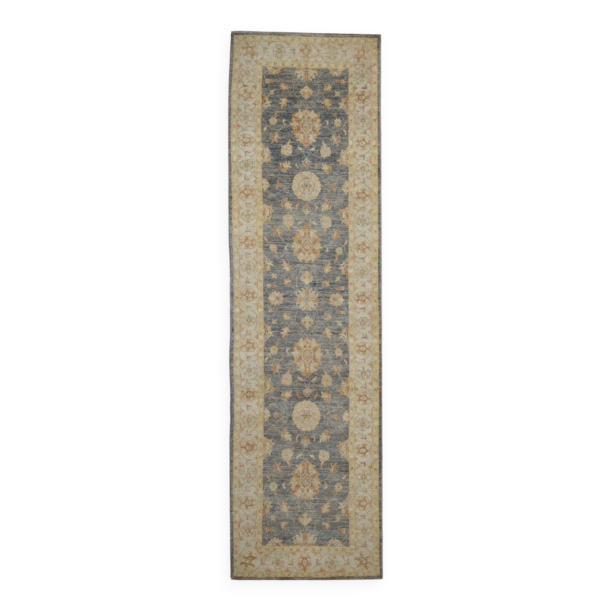 Oriental Grey Beige Stair Runner Rug, Wool Hand Knotted 81 x 295 cm