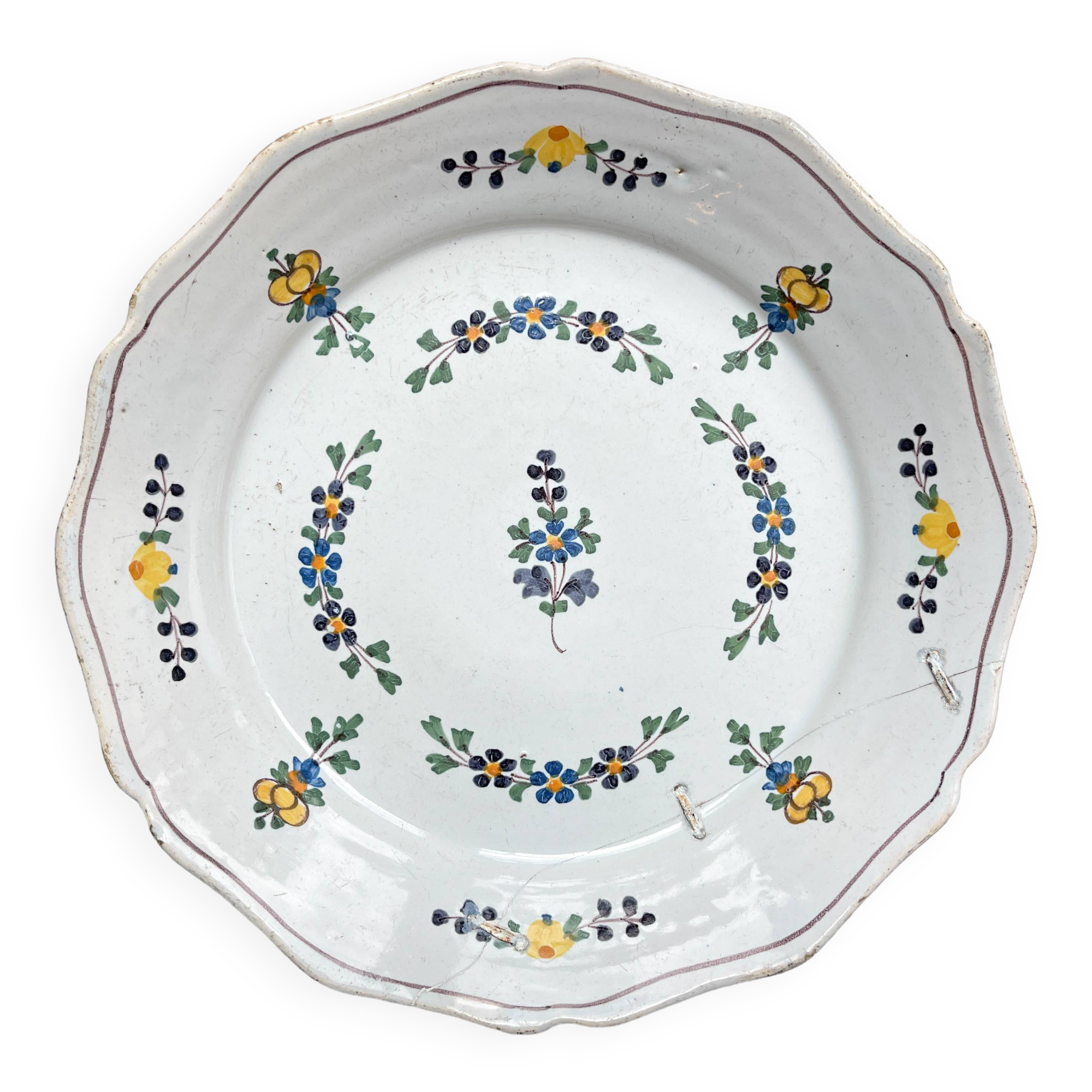 Antique French Earthenware Plate 18th Century NEVERS Small Blue Flowers