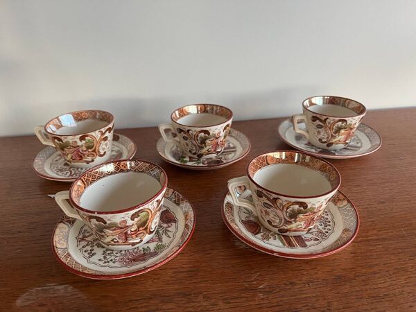 Ensemble De 5 Tasses Et Sous Tasses Sarreguemines Chinois.