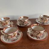 Set of 5 Sarreguemines Chinese Cups and Saucers.