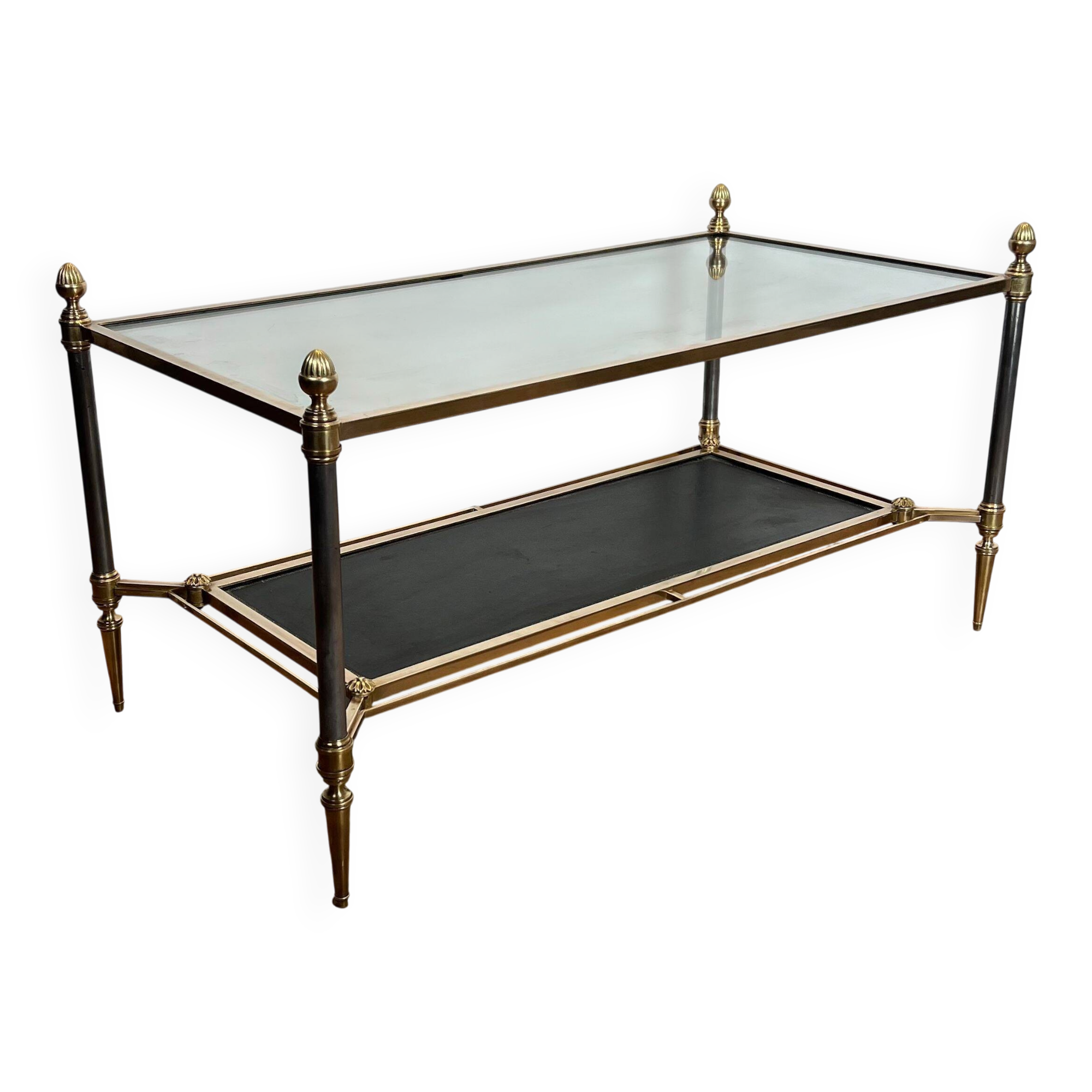 Table basse en laiton et plateau en cuir noir de la Maison Jansen