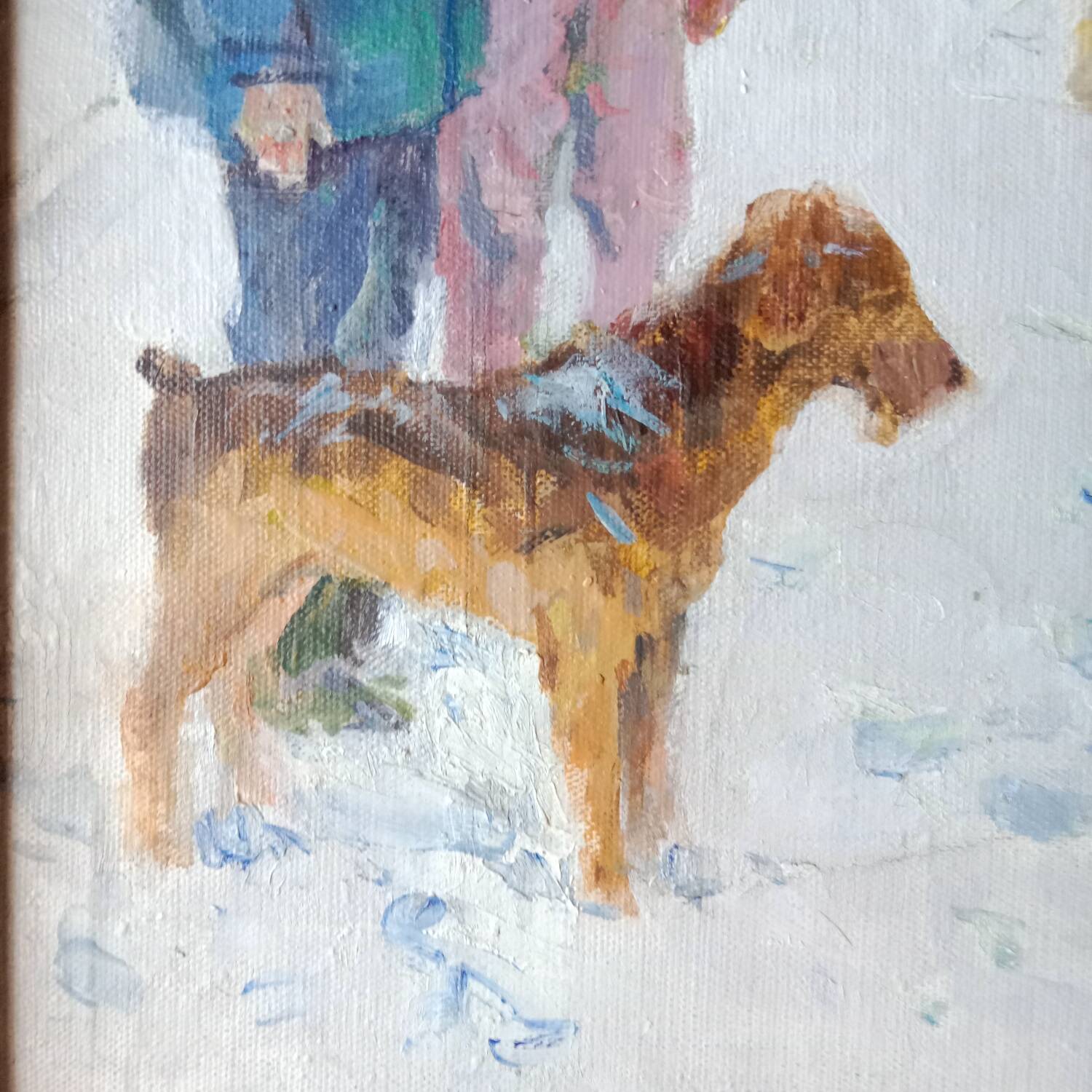 Animated Snowy Landscape Painting Children and their Dog Signed Canvas 20th Century Frame