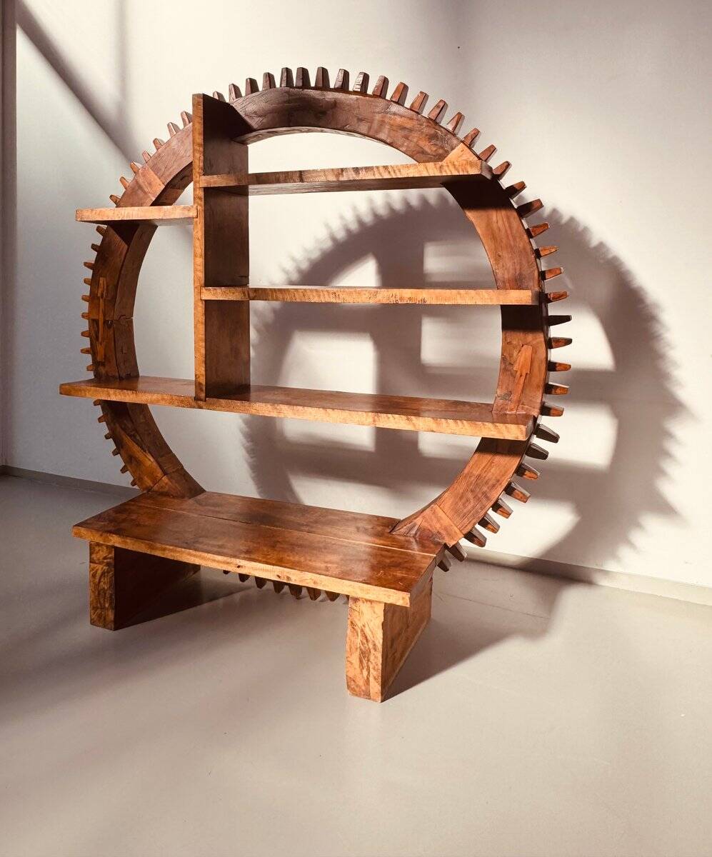 Vintage Brazilian folk art handmade round wall cabinet in Cumaru wood, 1960s